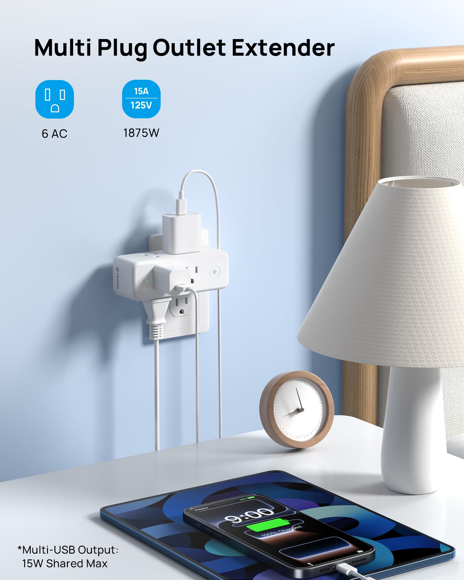 TROND six-outlet socket expands power to multiple devices safely