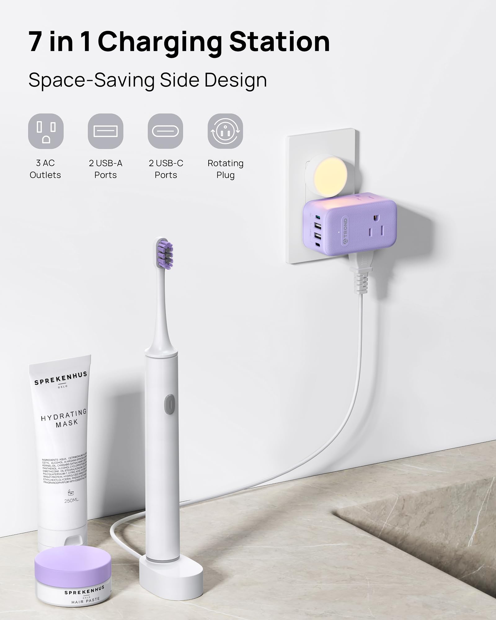 TROND 7-in-1 adapter charges three AC outlets and four USB ports.