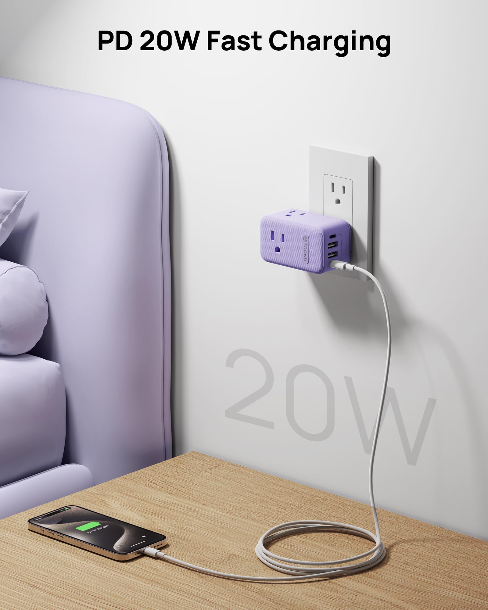 Compact purple travel outlet by TROND is easy to spot in bags.