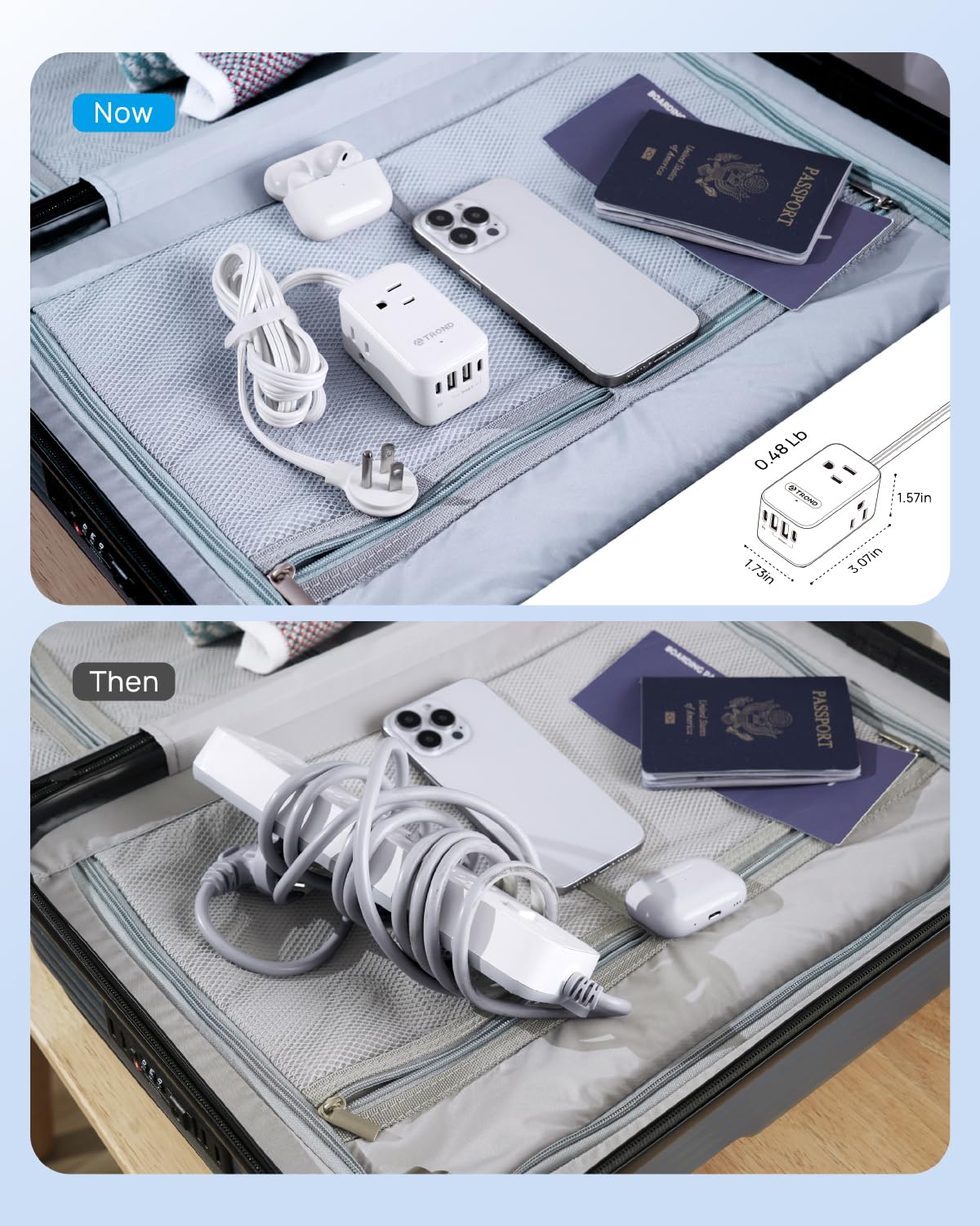 TROND compact travel power strip fits tight spaces and travels easily.