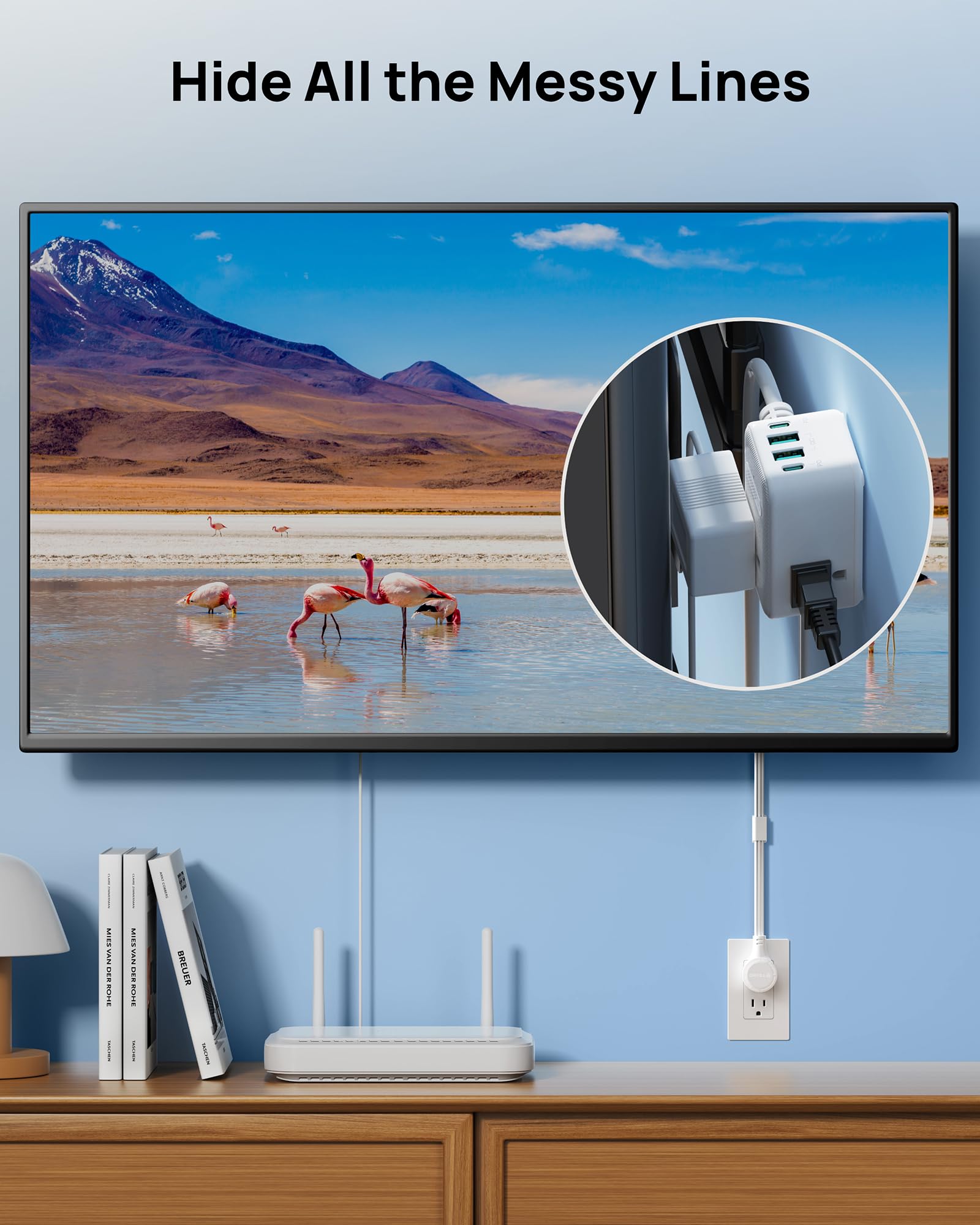 TROND extension cord with adhesive clip for easy mounting.
