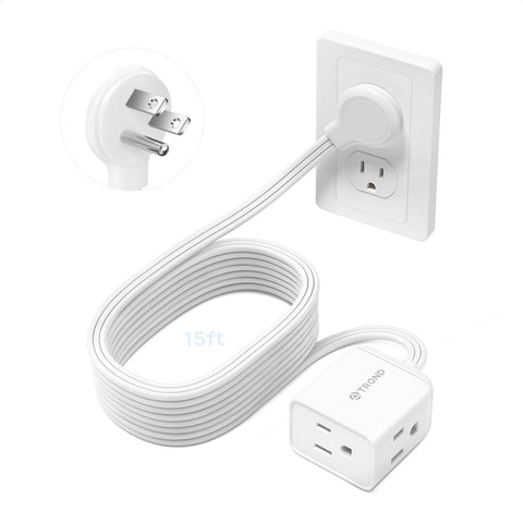 TROND flat extension cord with left-angled plug for tight spaces and wall clearance.