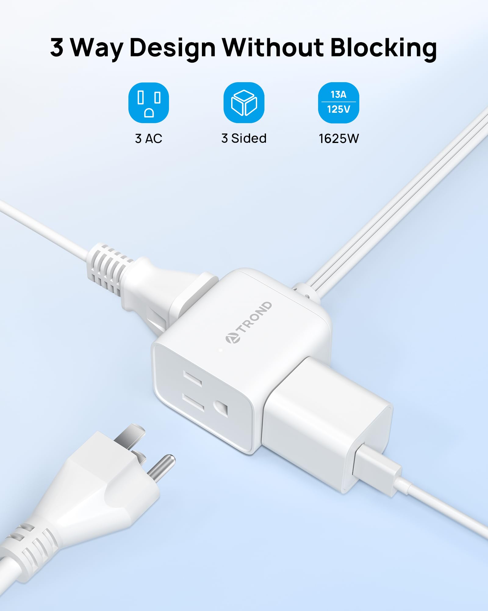 TROND cubic three-outlet design avoids blocking adjacent outlets for multiple devices.