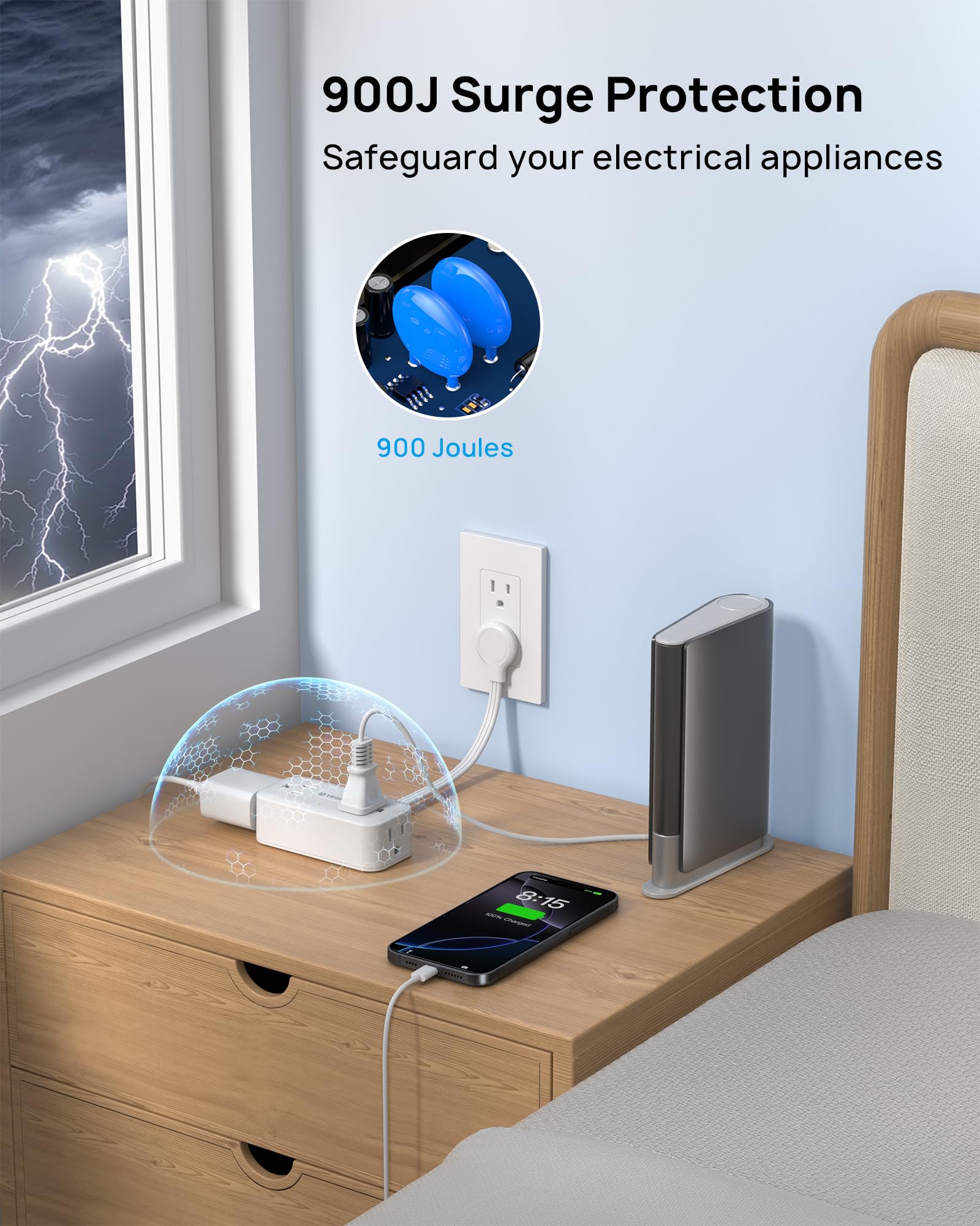 TROND flat plug with 6 inch cord keeps cords tidy on a desk