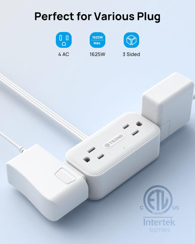 TROND four-outlets wide-spaced design reduces desk clutter.