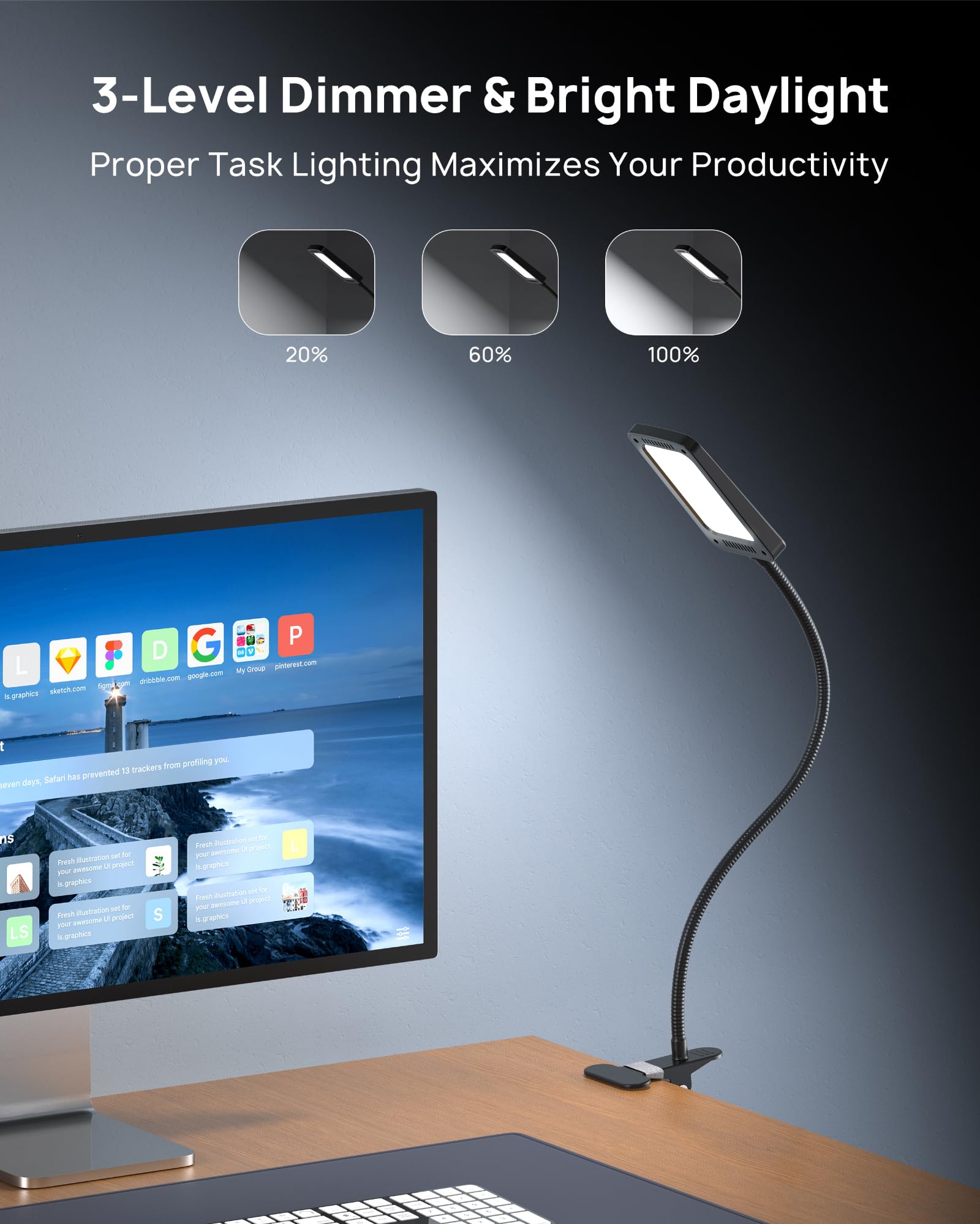 TROND LED desk lamp with three-level dimmer offers tailored brightness for tasks.