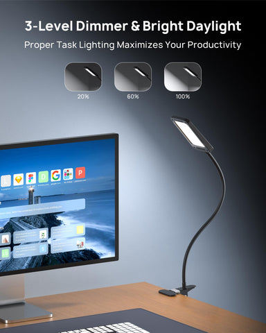 TROND LED desk lamp with three-level dimmer offers tailored brightness for tasks.