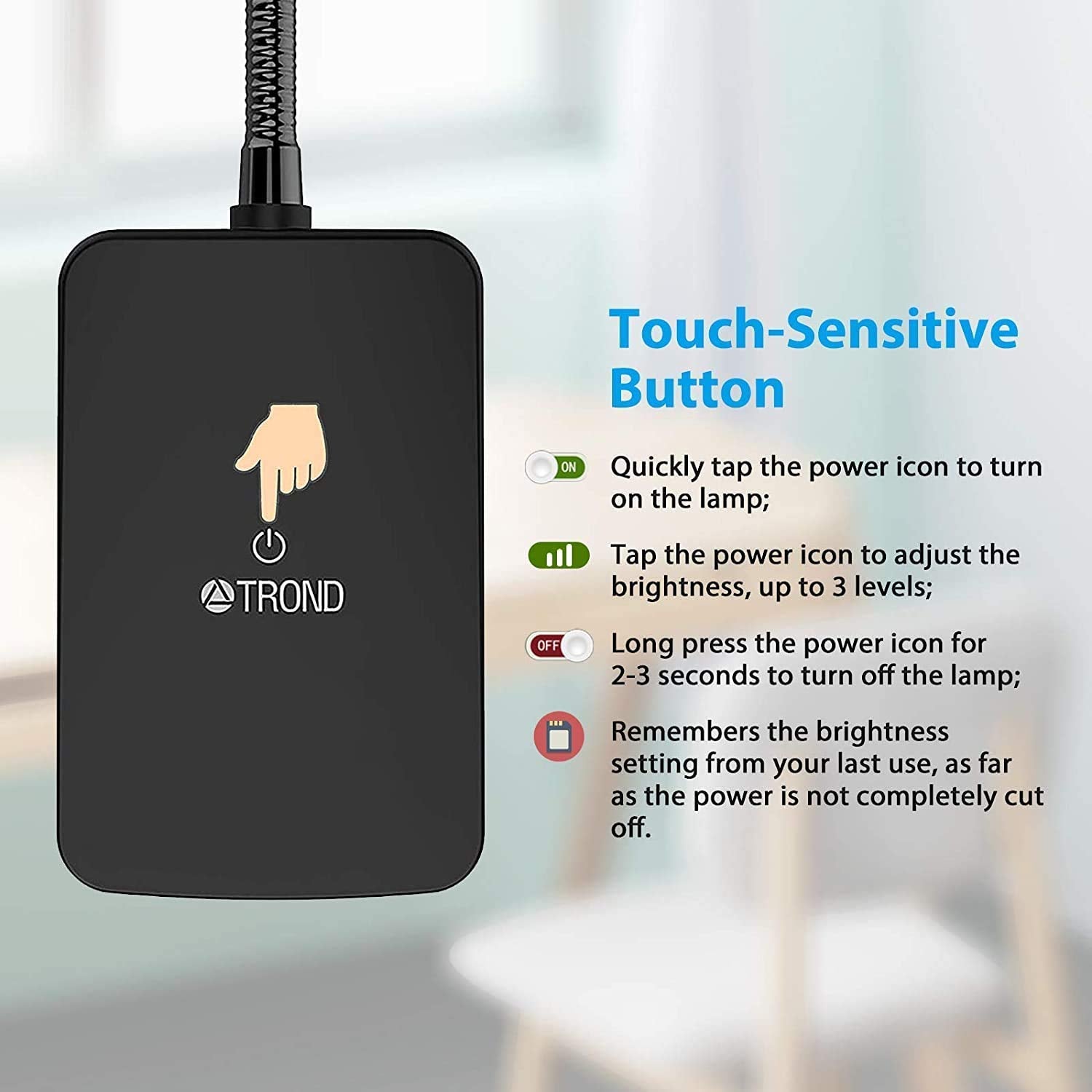 TROND LED desk lamp energy-saving LEDs use less power and avoid hazardous materials.