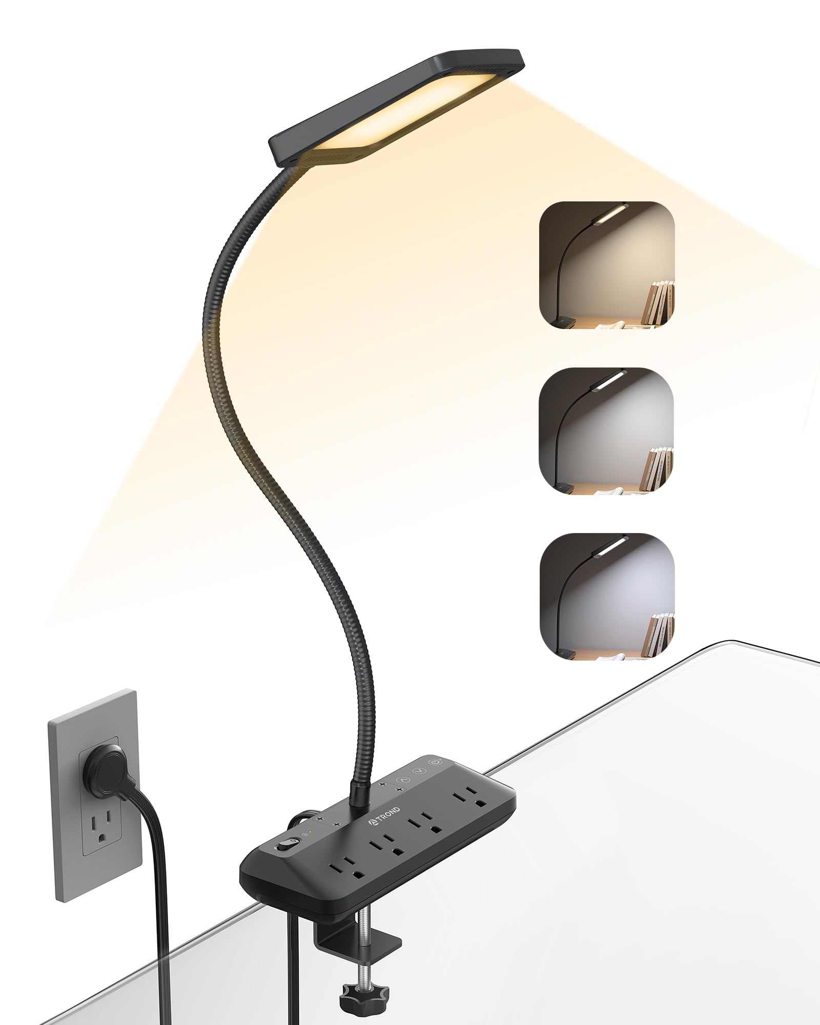 TROND LED desk lamp with four outlets, front view showing powered devices
