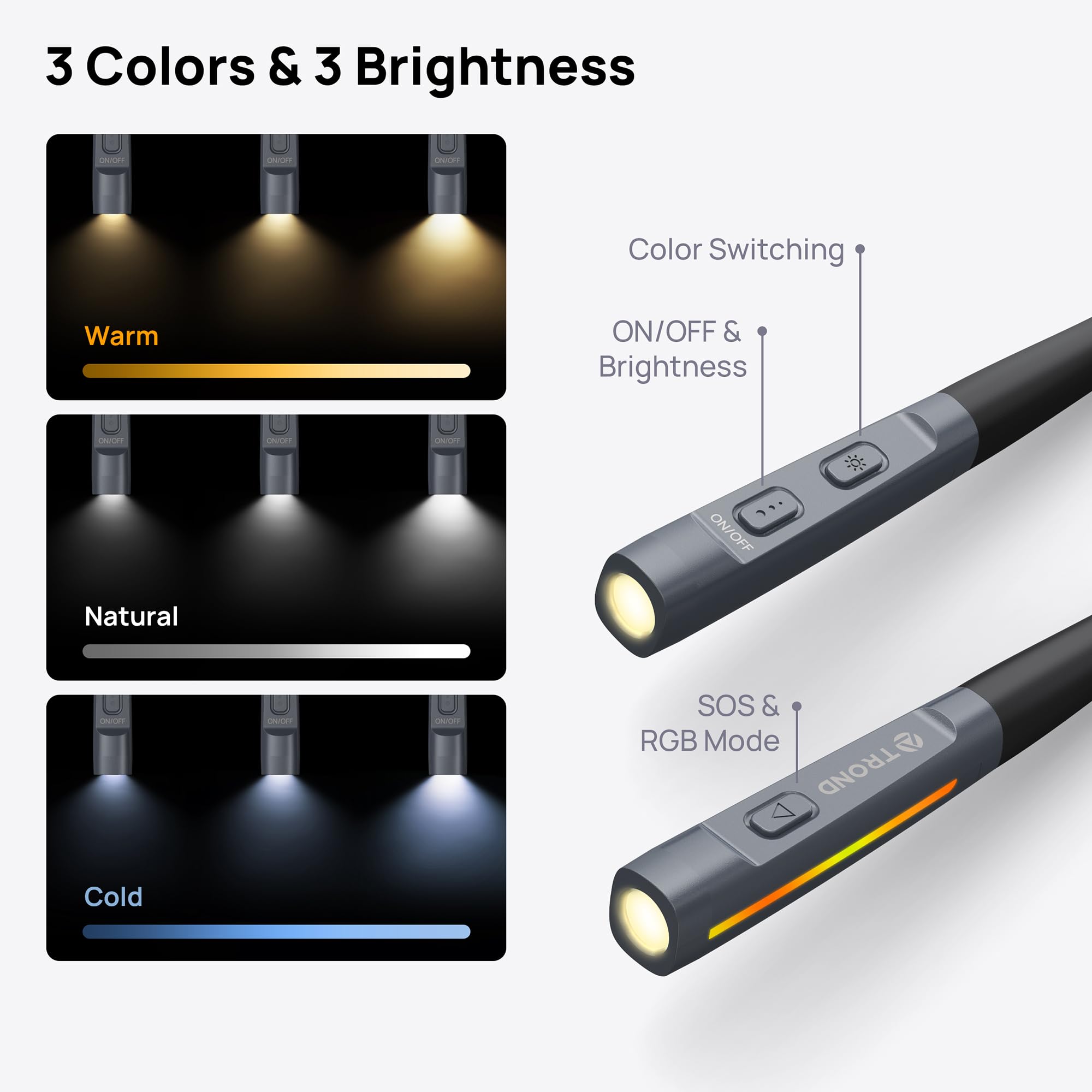 TROND neck light showing warm, natural and cool color temperature options.