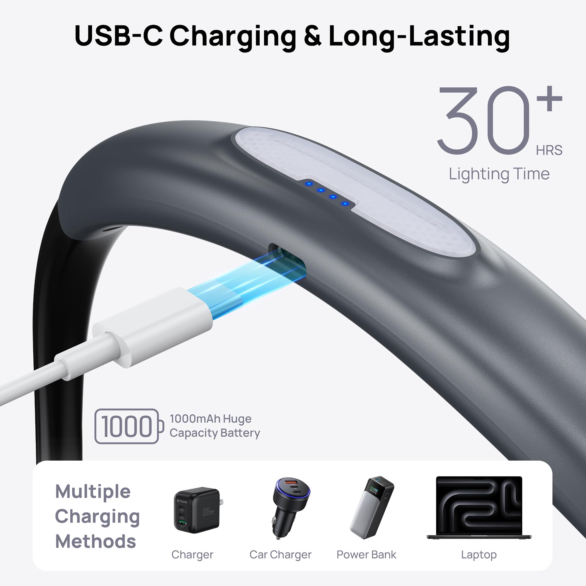 TROND LED neck lamp charging via USB-C with 1000 mAh battery.