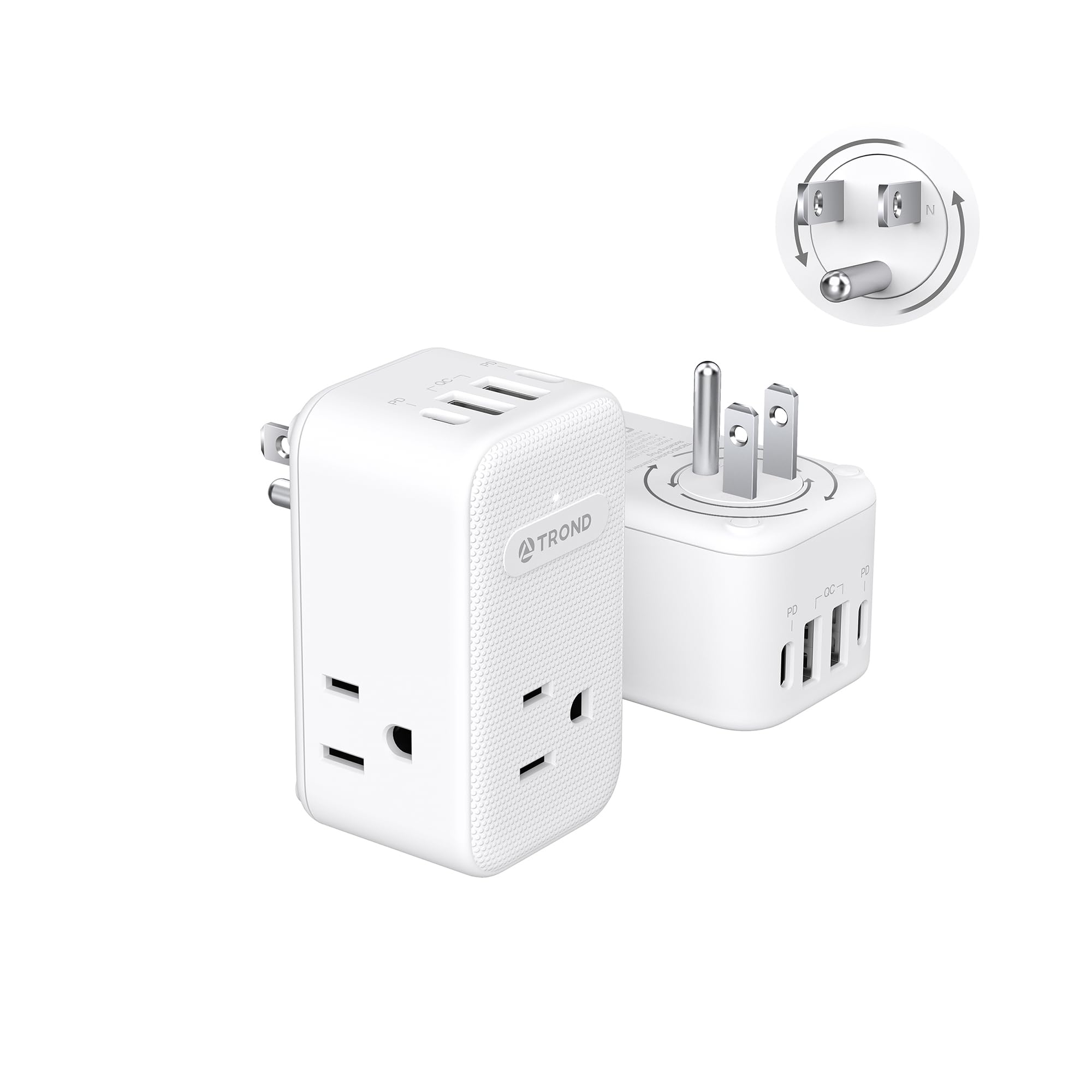 TROND multi-plug-outlet-extender with 360°-rotating-plug for tight spaces.