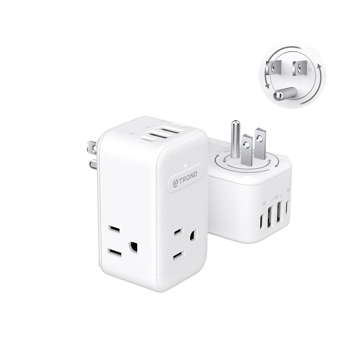 TROND multi-plug-outlet-extender with 360°-rotating-plug for tight spaces.