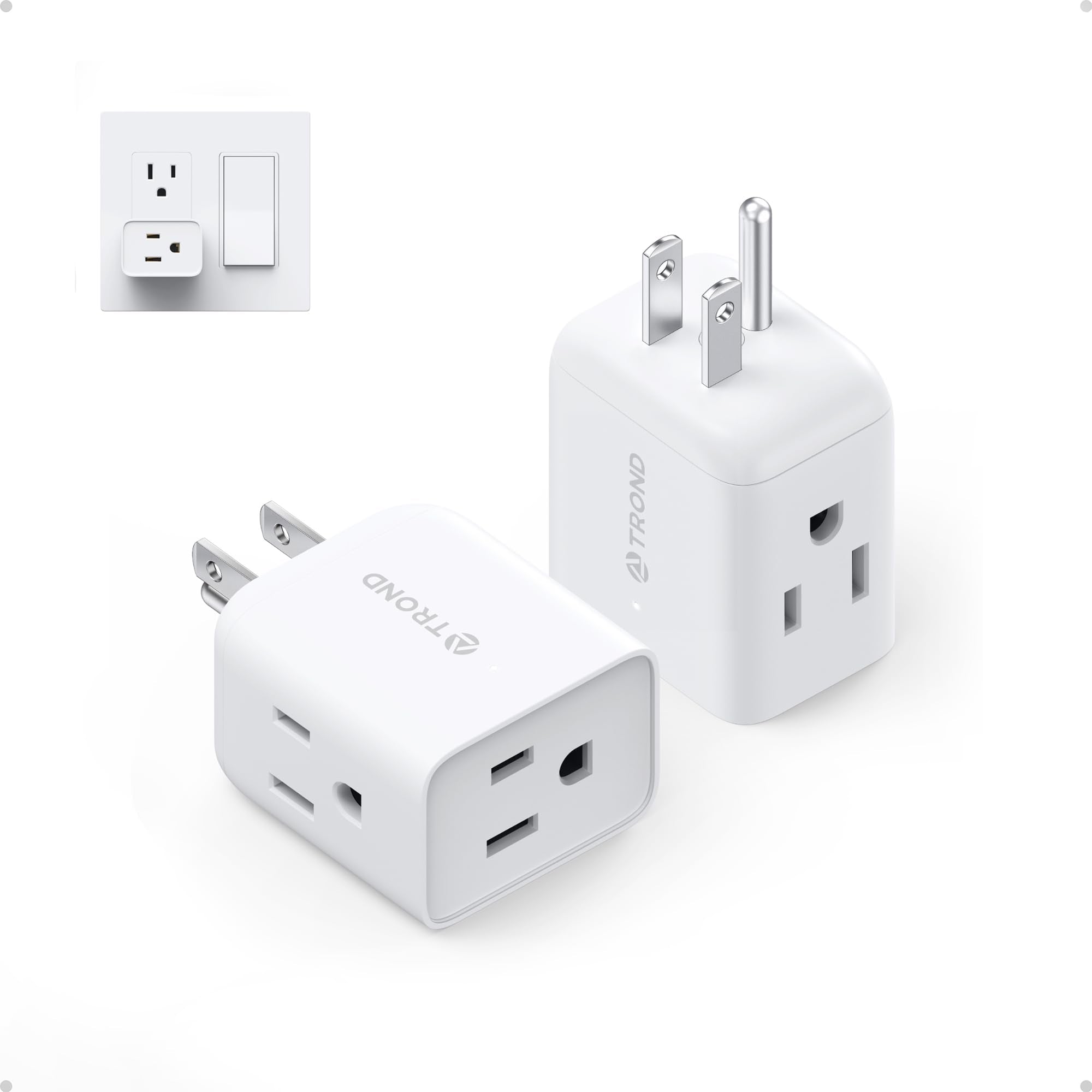 TROND 3-way wall outlet extender showing three side sockets for easy charging