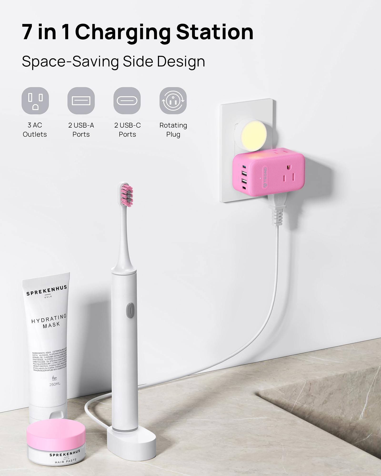 TROND 3-outlet and 4-USB port splitter ideal for hotel rooms and desks.