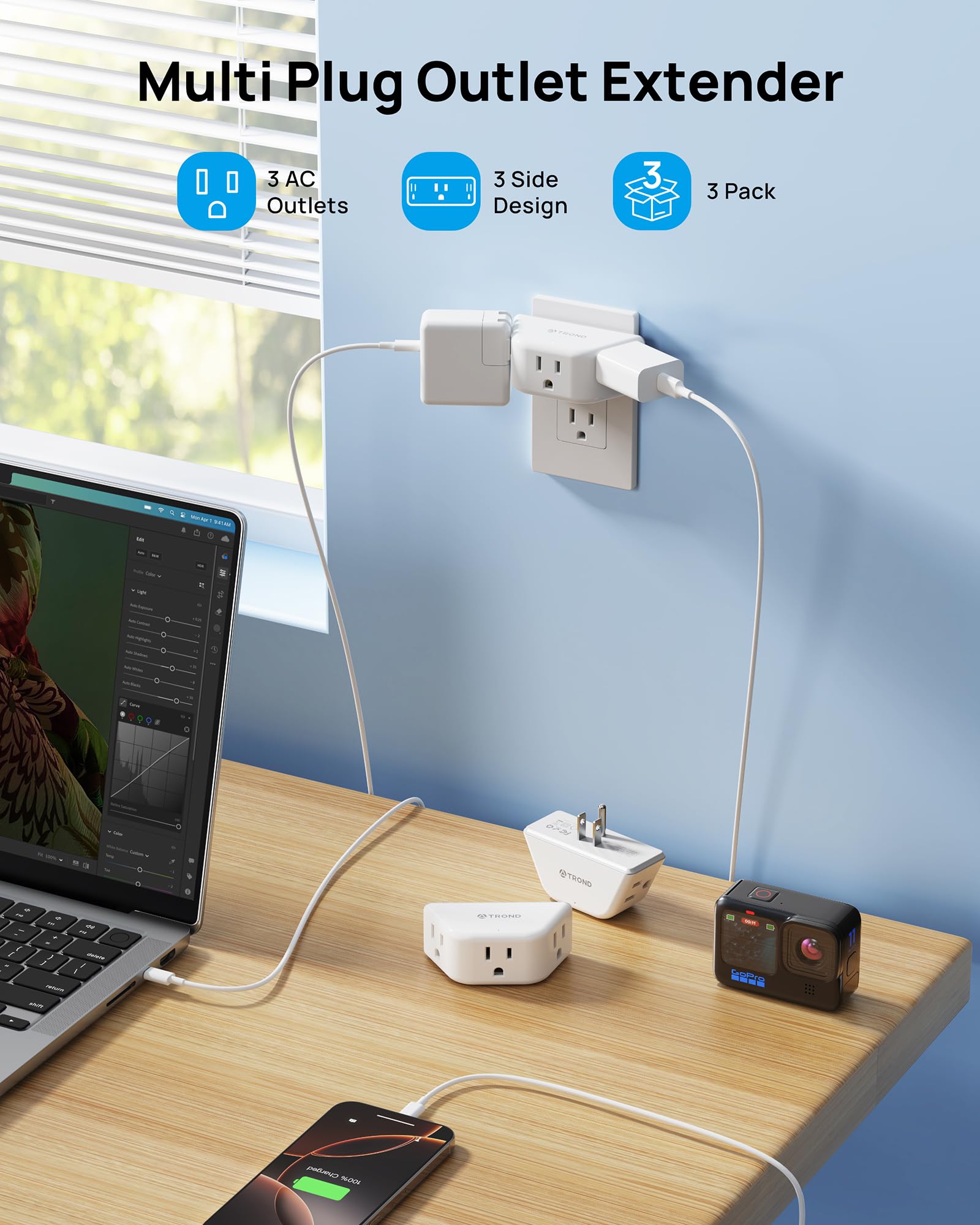 TROND outlet extender side angles show three-sided socket access for bulky plugs