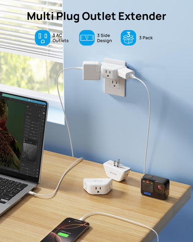 TROND outlet extender side angles show three-sided socket access for bulky plugs