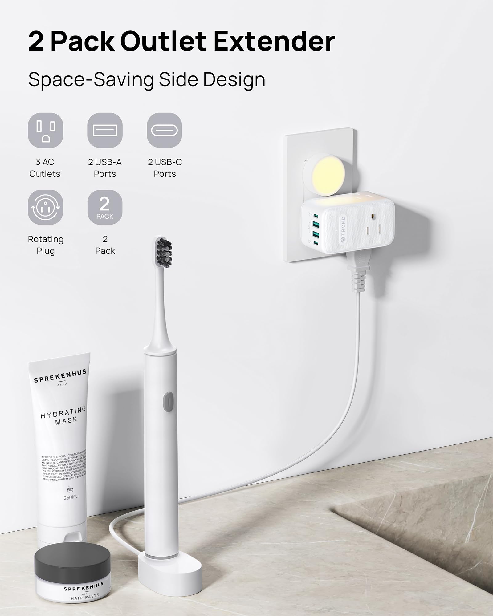 TROND 3-outlet-4-usb-port-extender for simultaneous device charging.