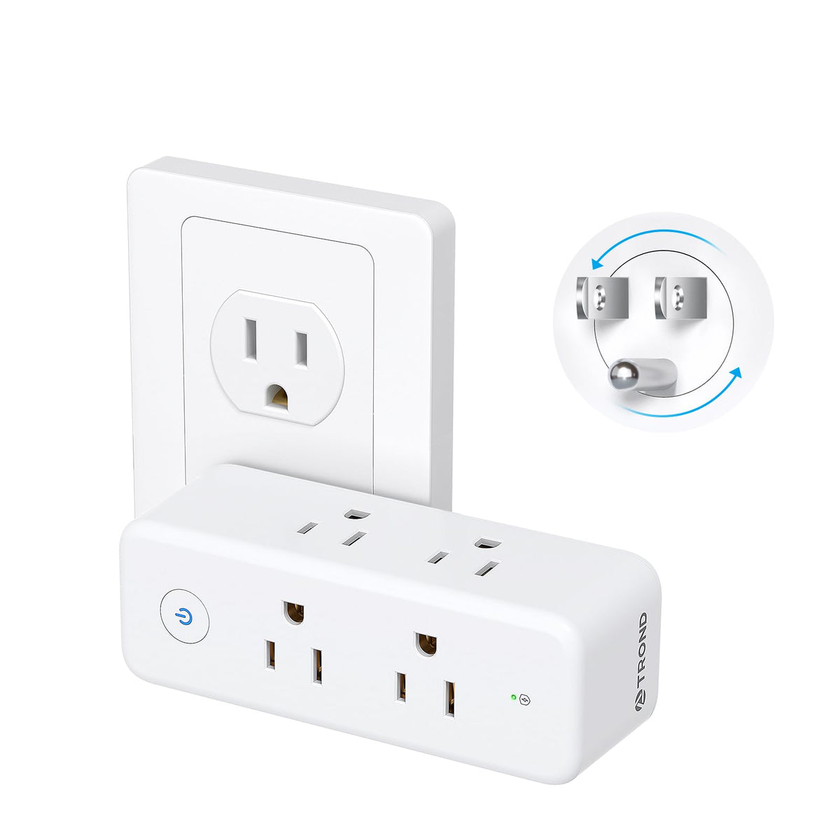 TROND outlet extender with a 360-degree rotating plug for flexible wall placement