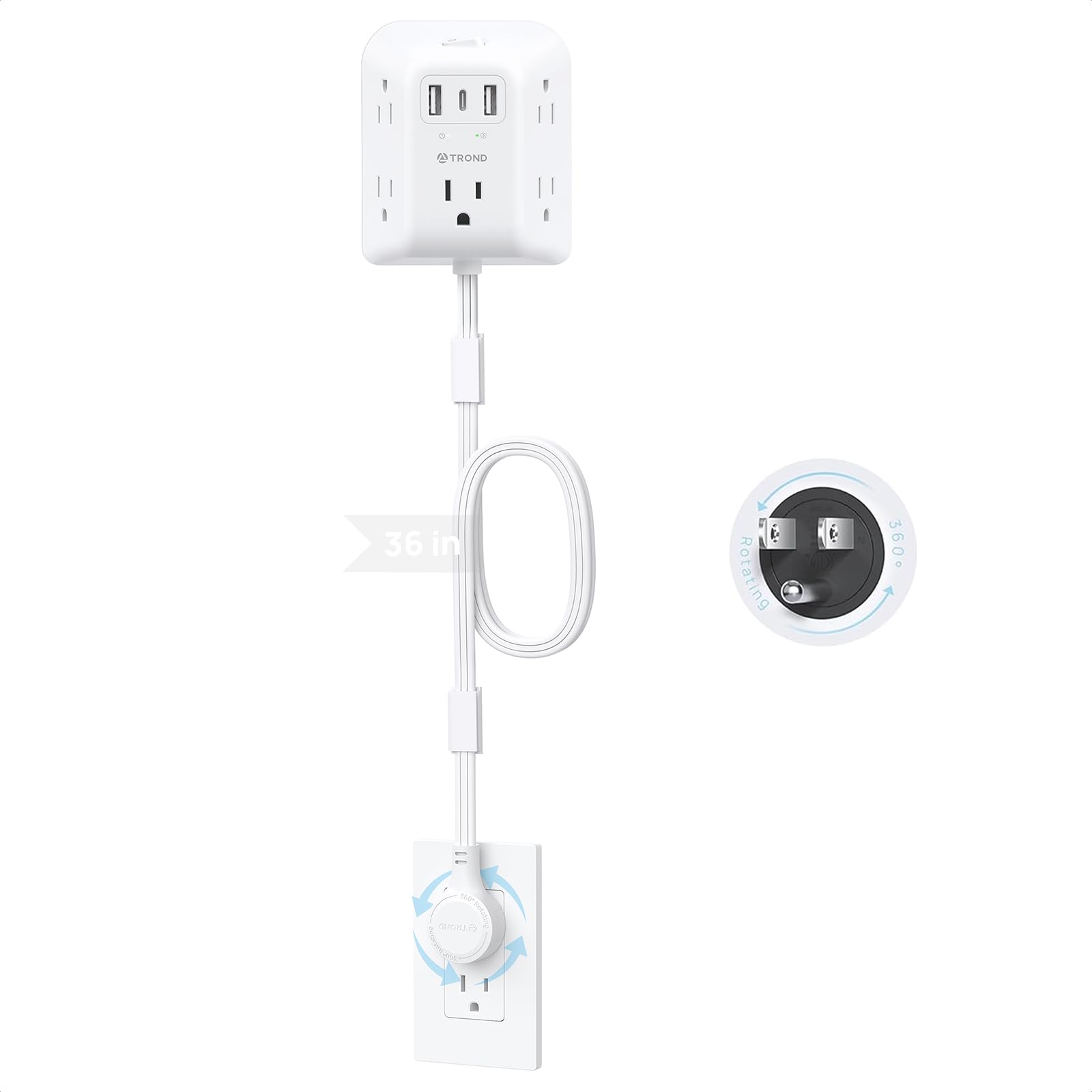 TROND outlet extender shows 360° rotating plug for tight space access behind furniture