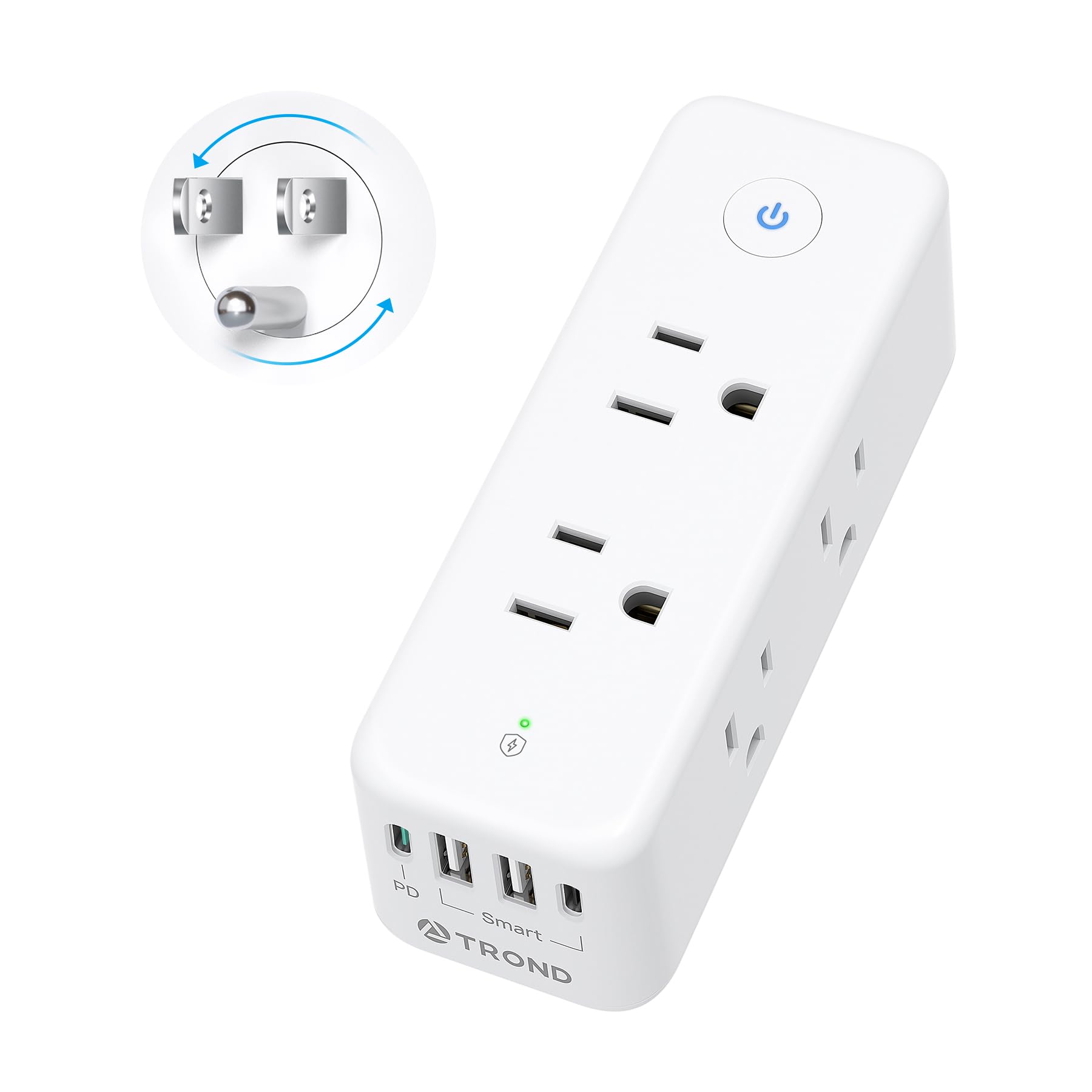 TROND outlet extender with 360° rotating plug for flexible room arrangement.