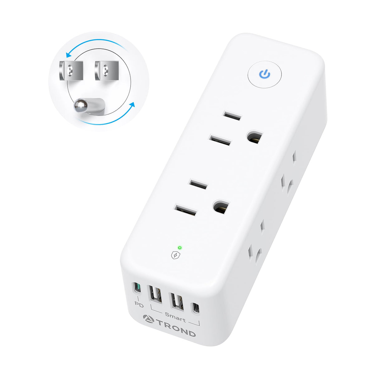 TROND outlet extender with 360° rotating plug for flexible room arrangement.
