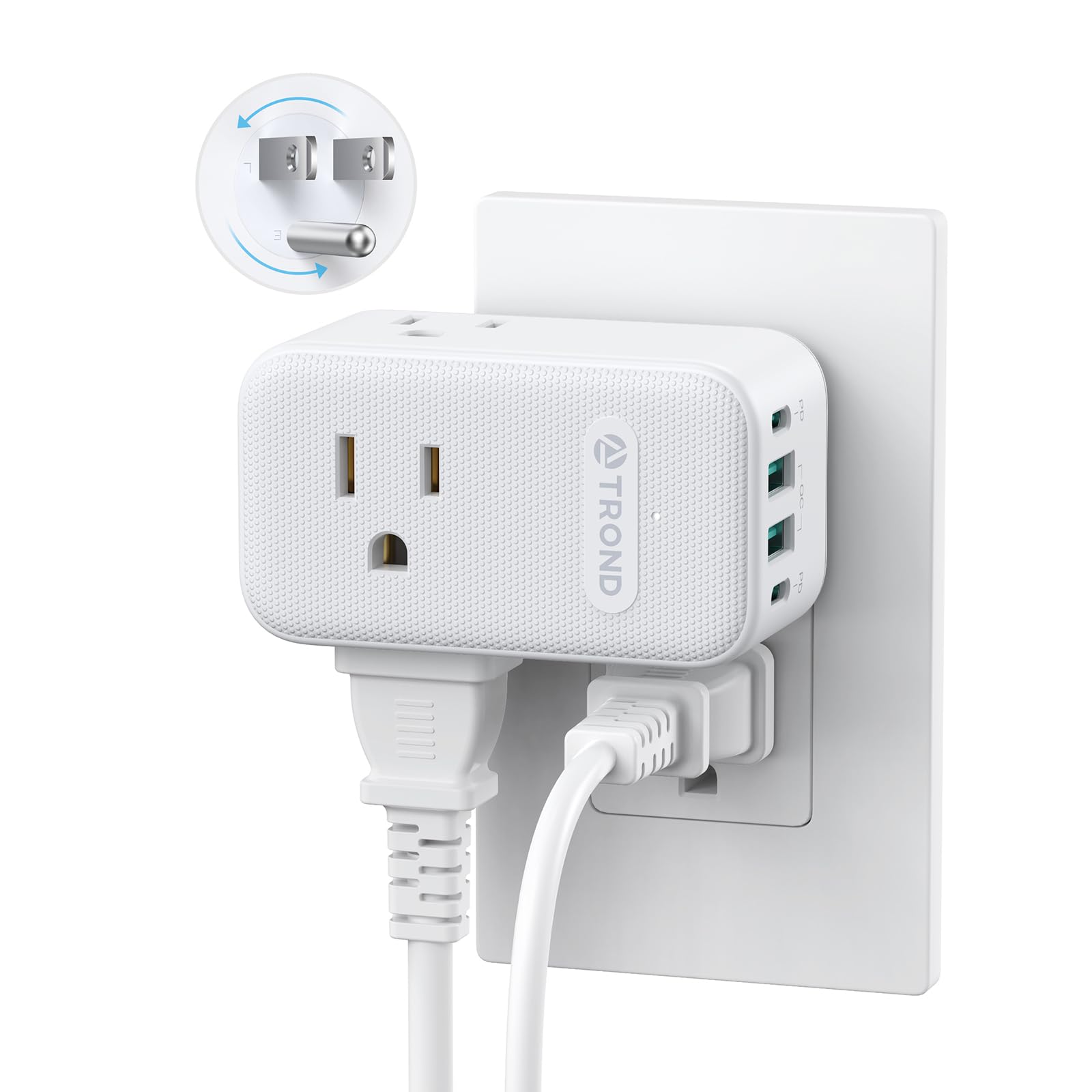 TROND outlet extender with 360 rotating plug fits tight spaces behind furniture