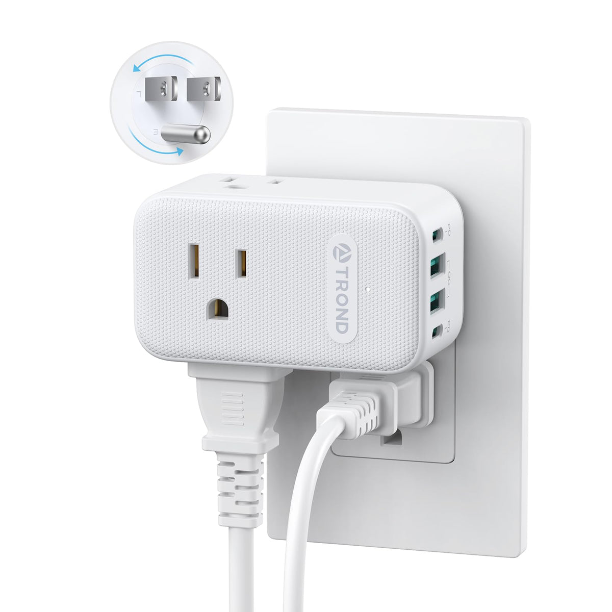 TROND outlet extender with 360 rotating plug fits tight spaces behind furniture