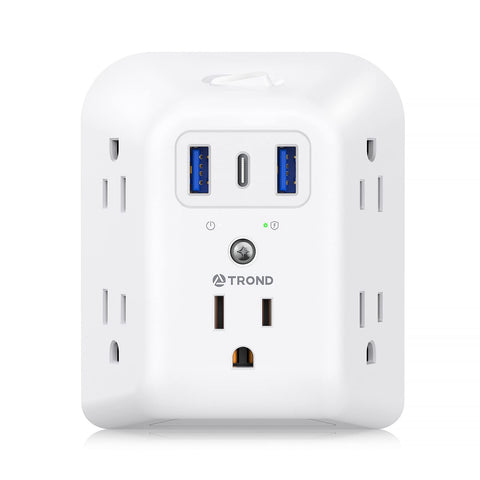 TROND outlet extender showing five outlets and USB-C port for versatile power expansion