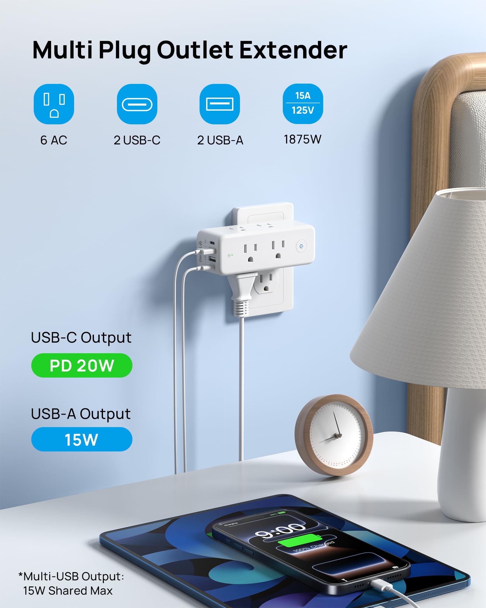 TROND outlet extender showing six AC outlets and USB ports for desktop charging.