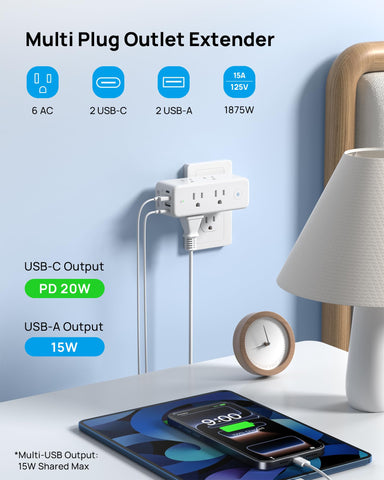TROND outlet extender showing six AC outlets and USB ports for desktop charging.