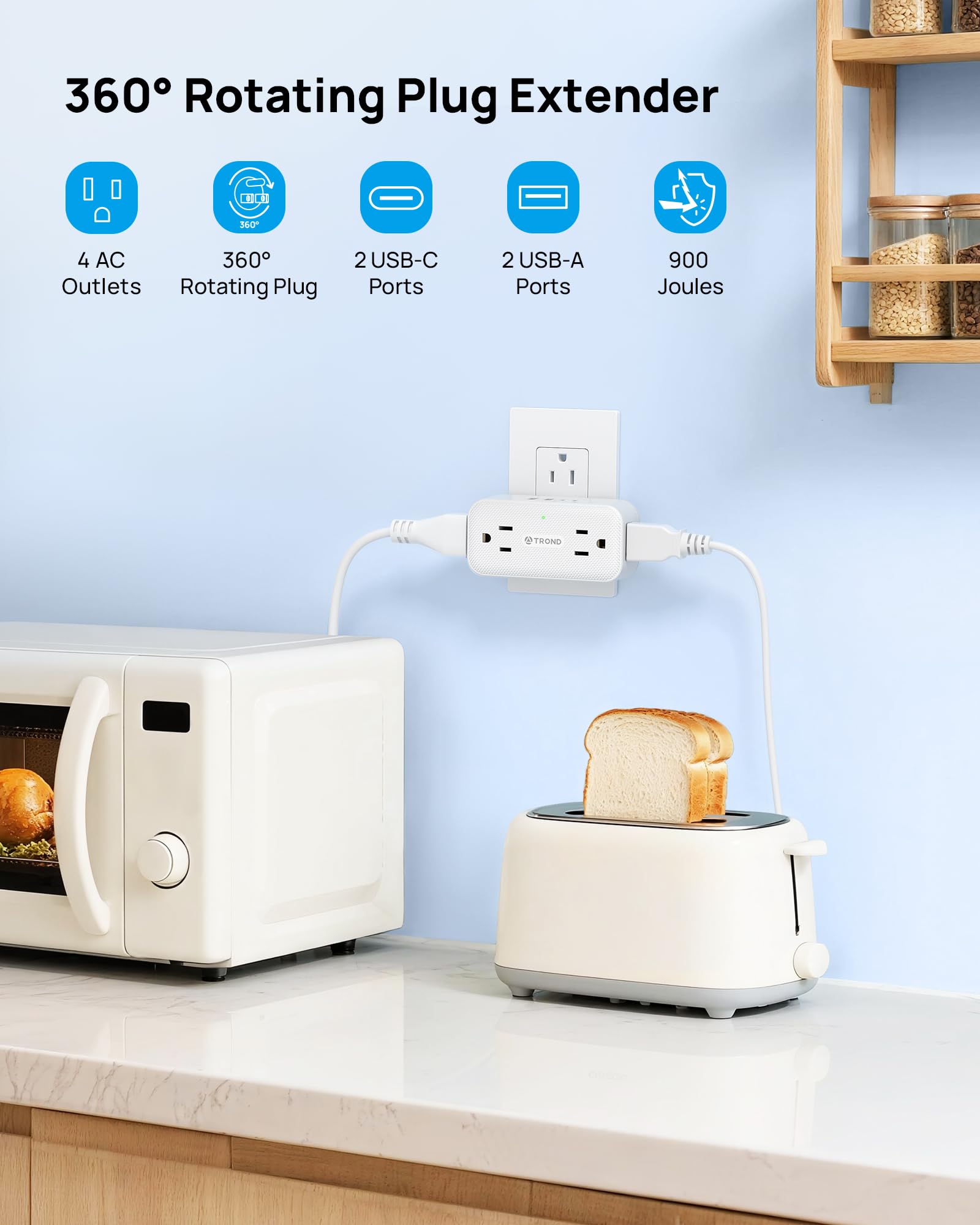 TROND 8-in-1 multi-plug with 4 AC outlets and 4 USB ports