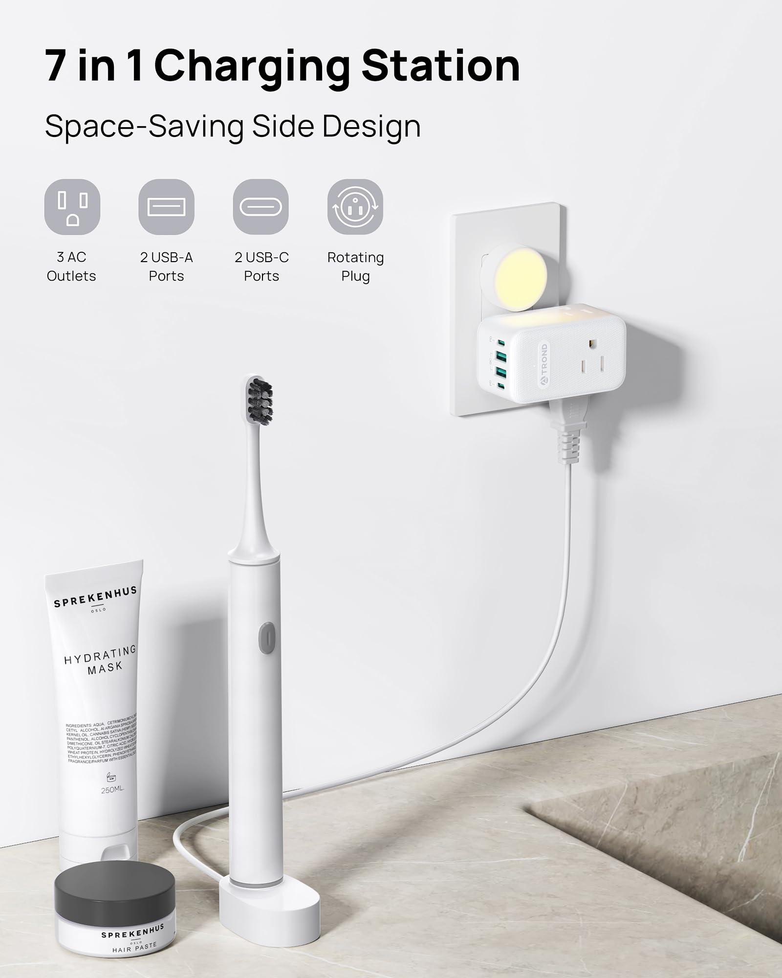 TROND dual PD USB-C ports enable fast charging for phones and tablets