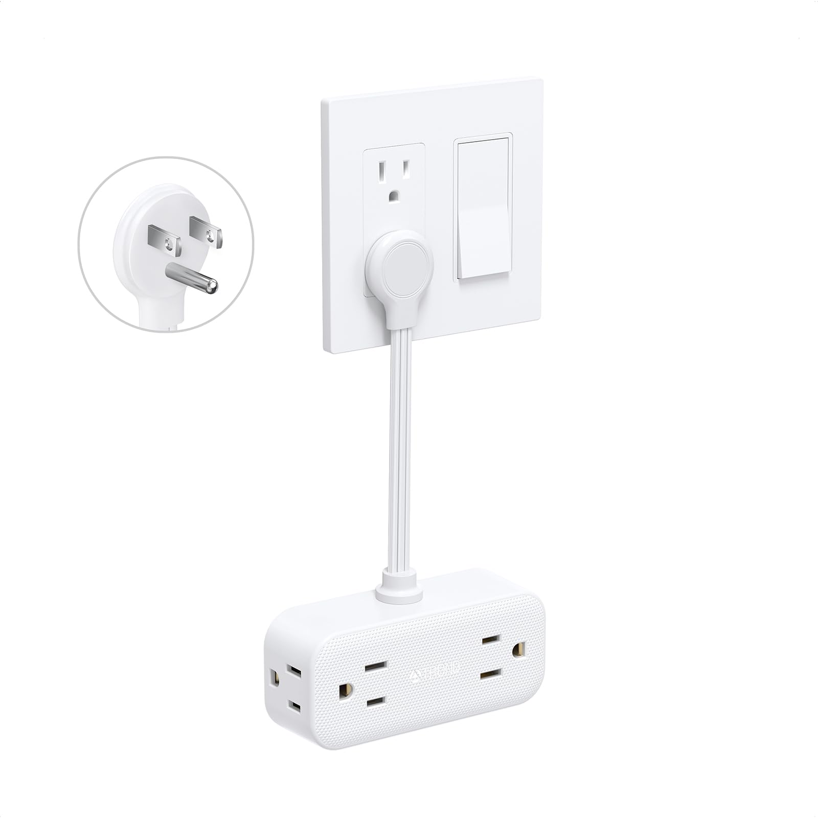 TROND outlet extender with flat plug and 6-inch cord saves space.
