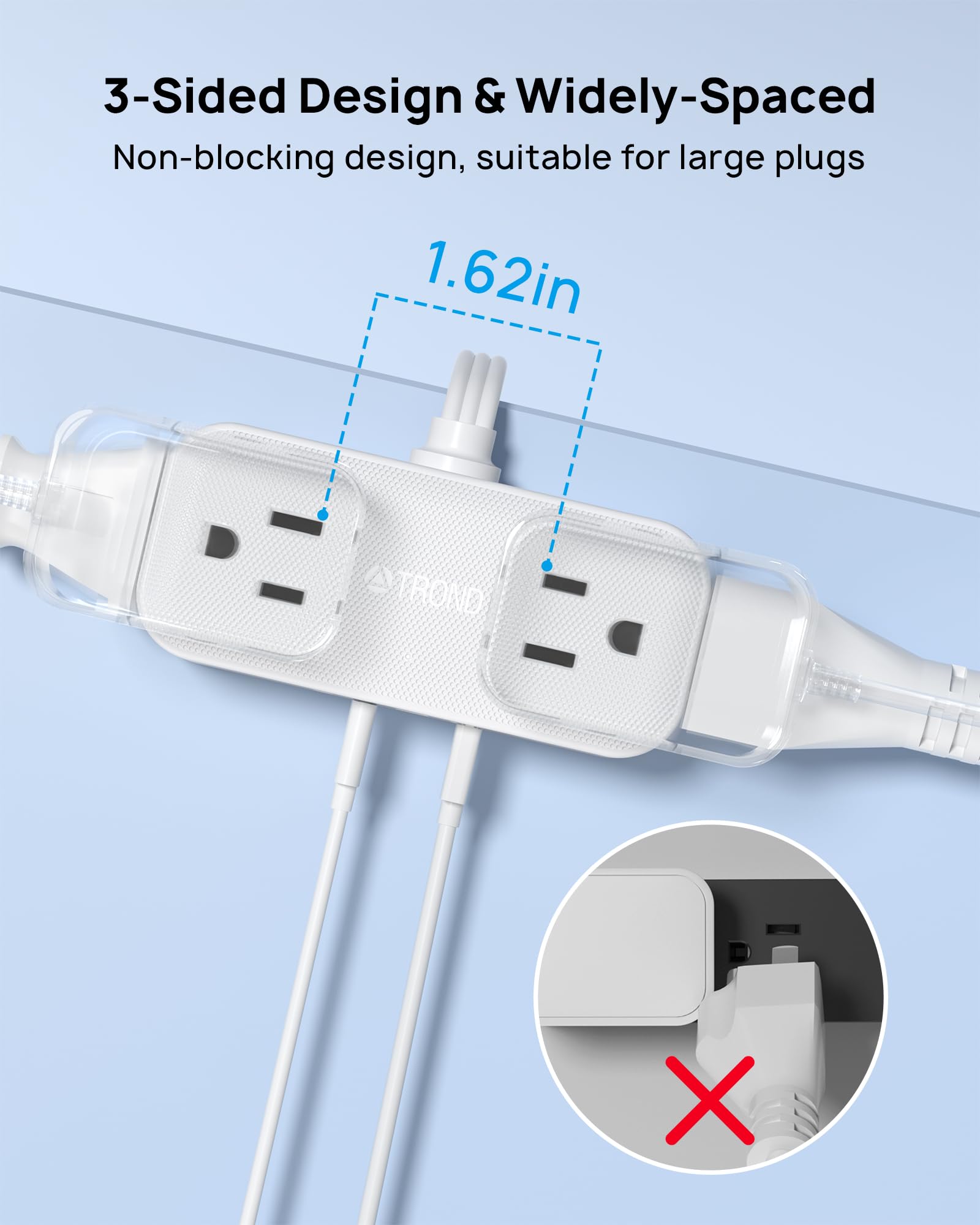 TROND flat-plug wall-mount-ready design fits tight spaces.