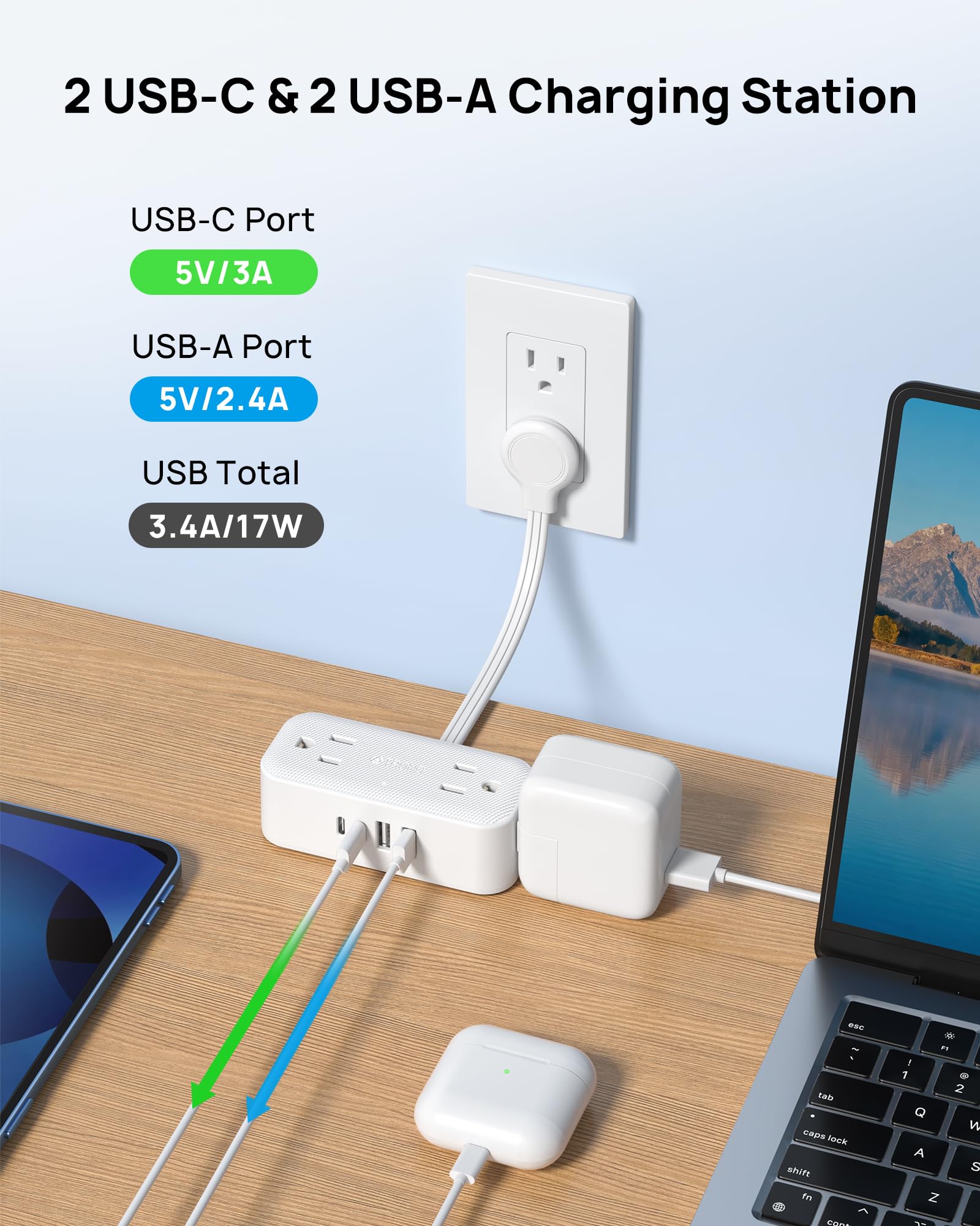 TROND four-socket outlet with four USB ports for simultaneous charging.