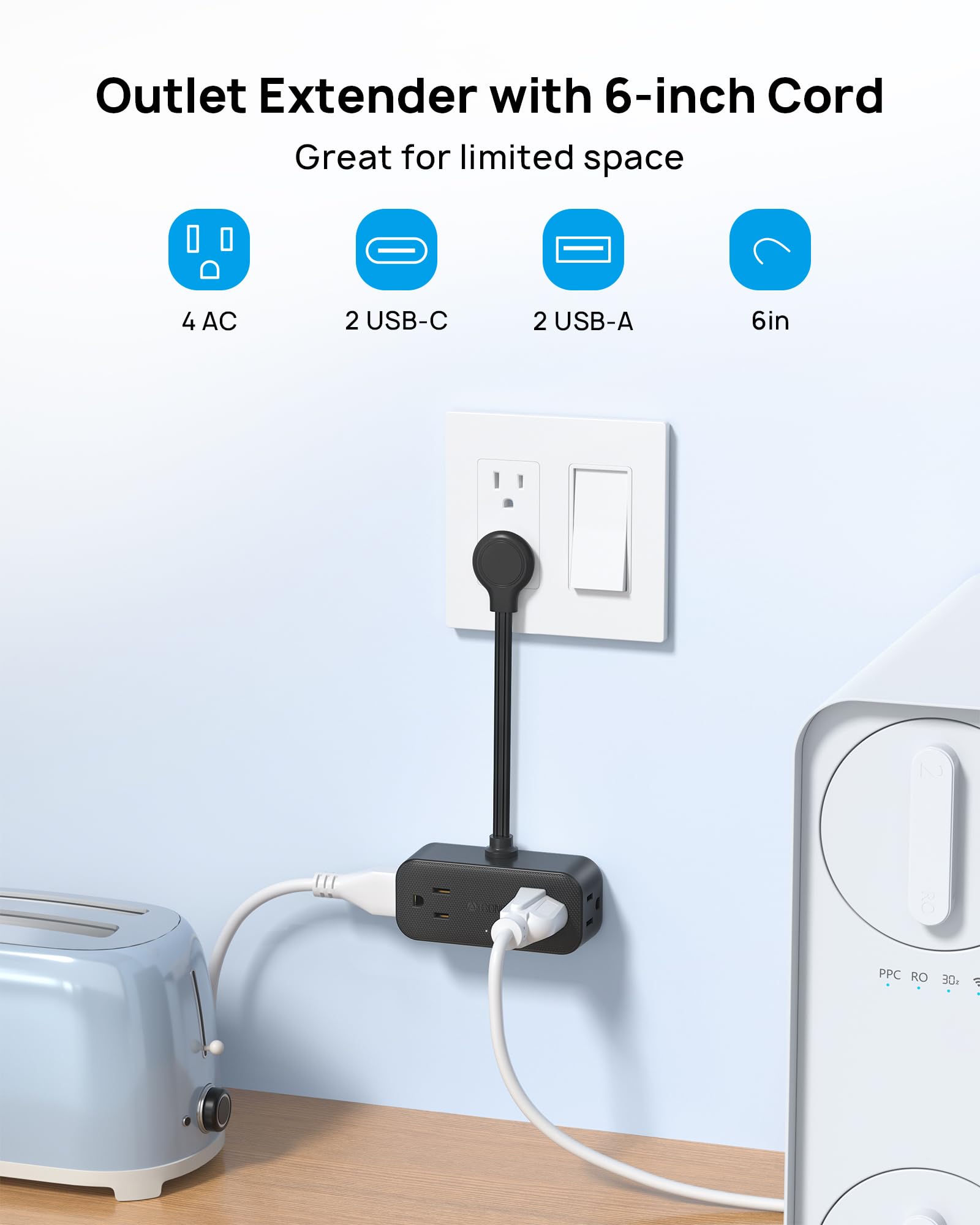 TROND outlet extender features a 6-inch cord for flexible placement.