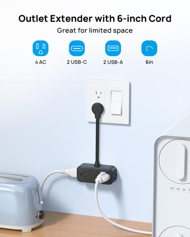 TROND outlet extender features a 6-inch cord for flexible placement.