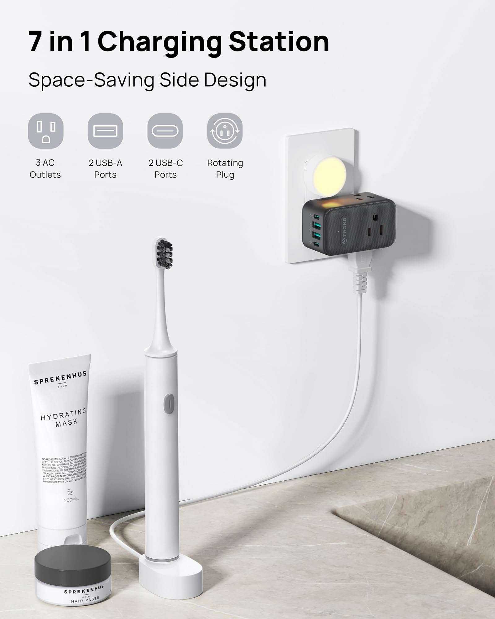 TROND outlet extender offers four USB ports for simultaneous charging on the go