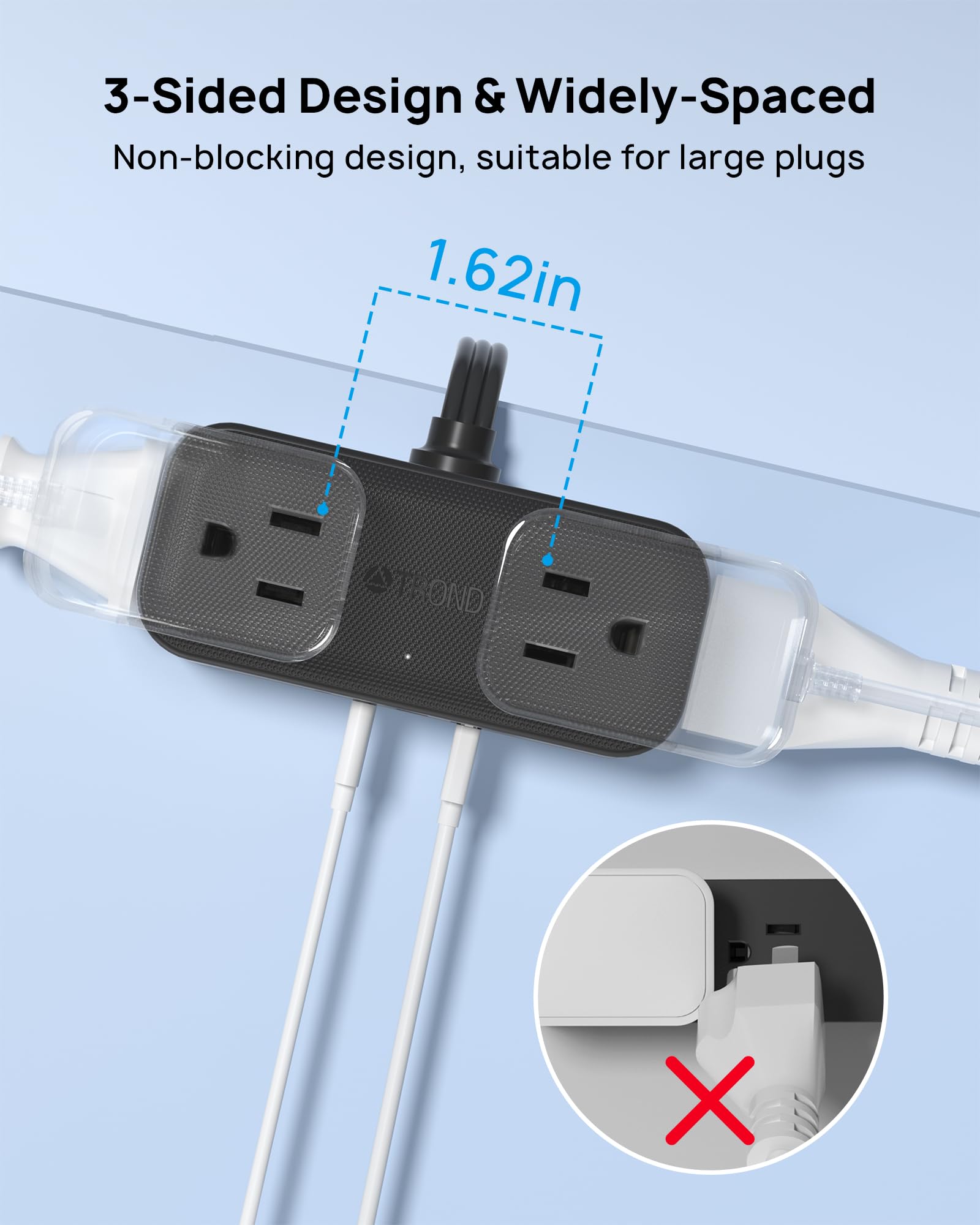 TROND wall-mount-ready design keeps outlets secure and tidy.