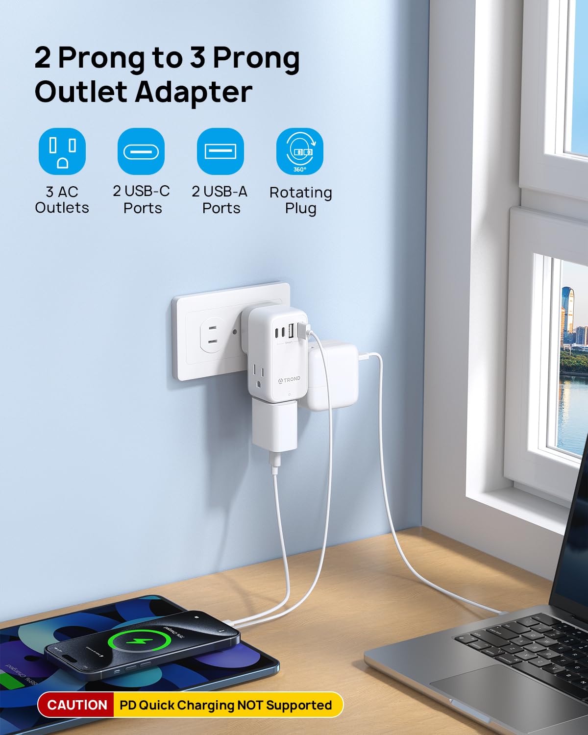 TROND seven-in-one travel adapter powering multiple devices from one outlet.