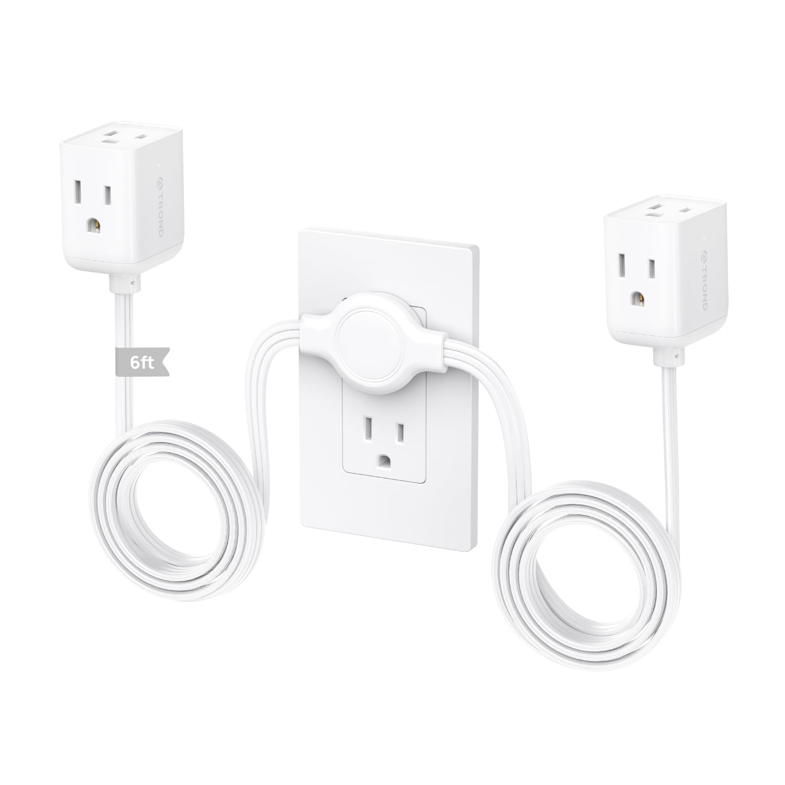 TROND split extension cord left-side 6-outlet cube powers media devices neatly.