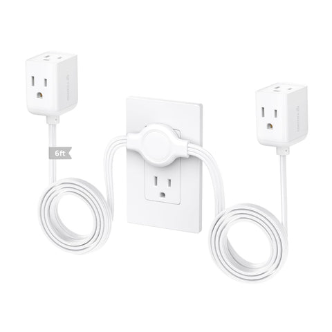 TROND split extension cord left-side 6-outlet cube powers media devices neatly.