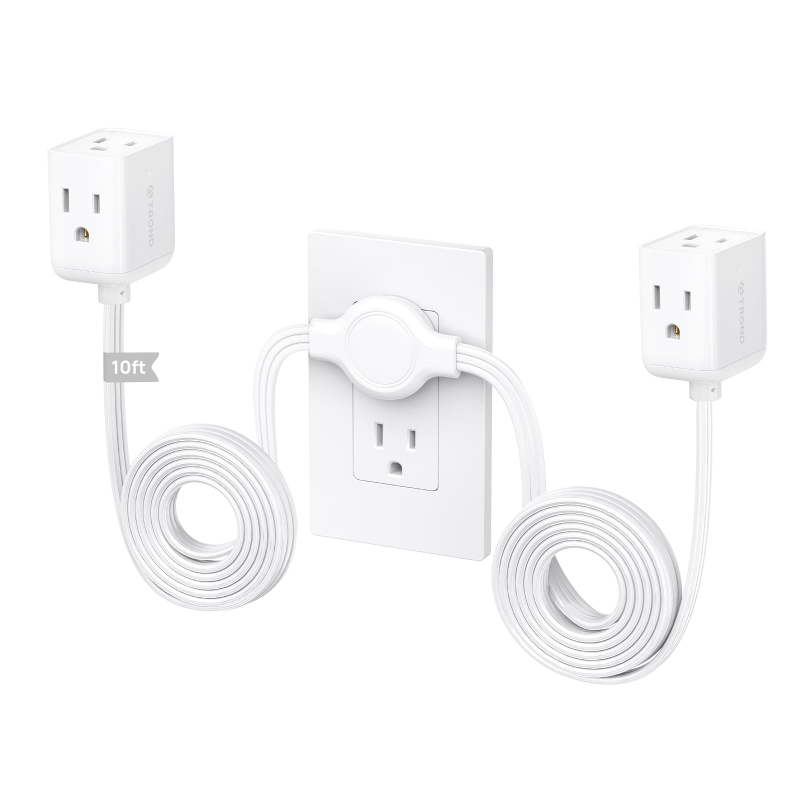 TROND split extension cord power strip with twin 10ft sides behind a TV