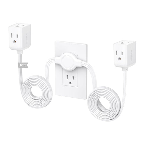 TROND split extension cord power strip with twin 10ft sides behind a TV