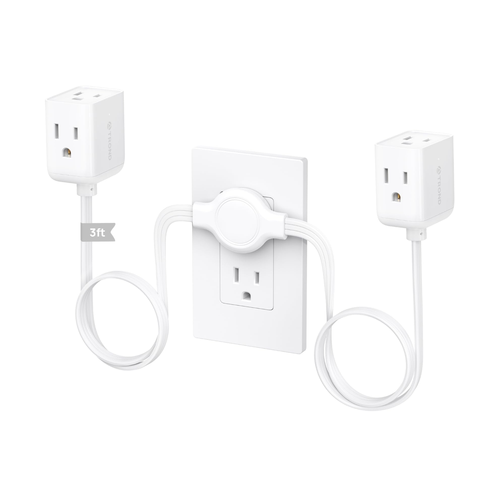 TROND Split Extension Cord twin 3ft left cube powering three outlets for convenience.