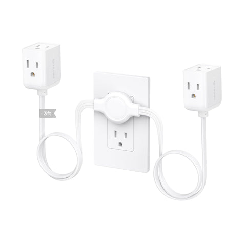 TROND Split Extension Cord twin 3ft left cube powering three outlets for convenience.