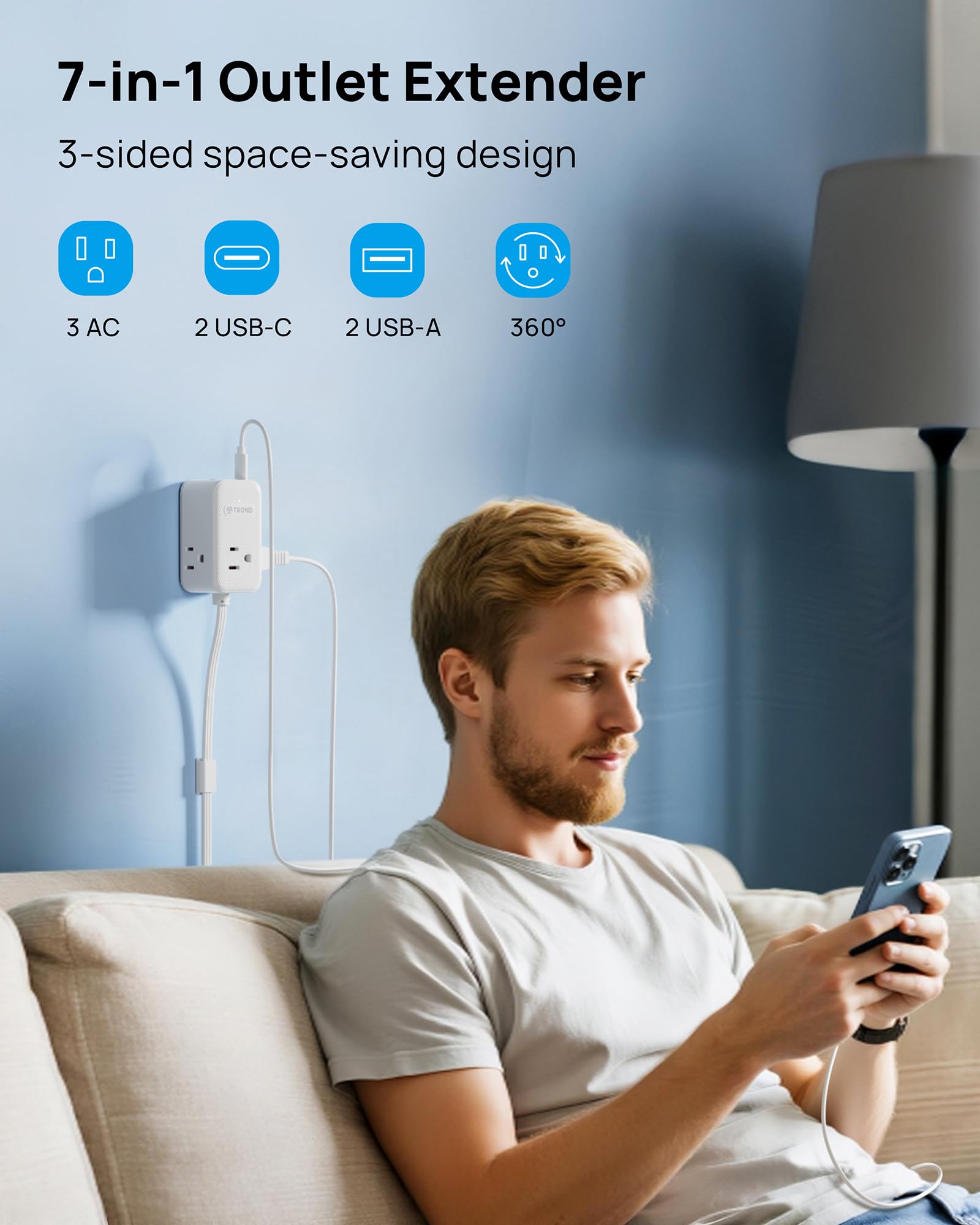 TROND three-ac-outlets four-usb-ports enables charging without blocking adjacent sockets