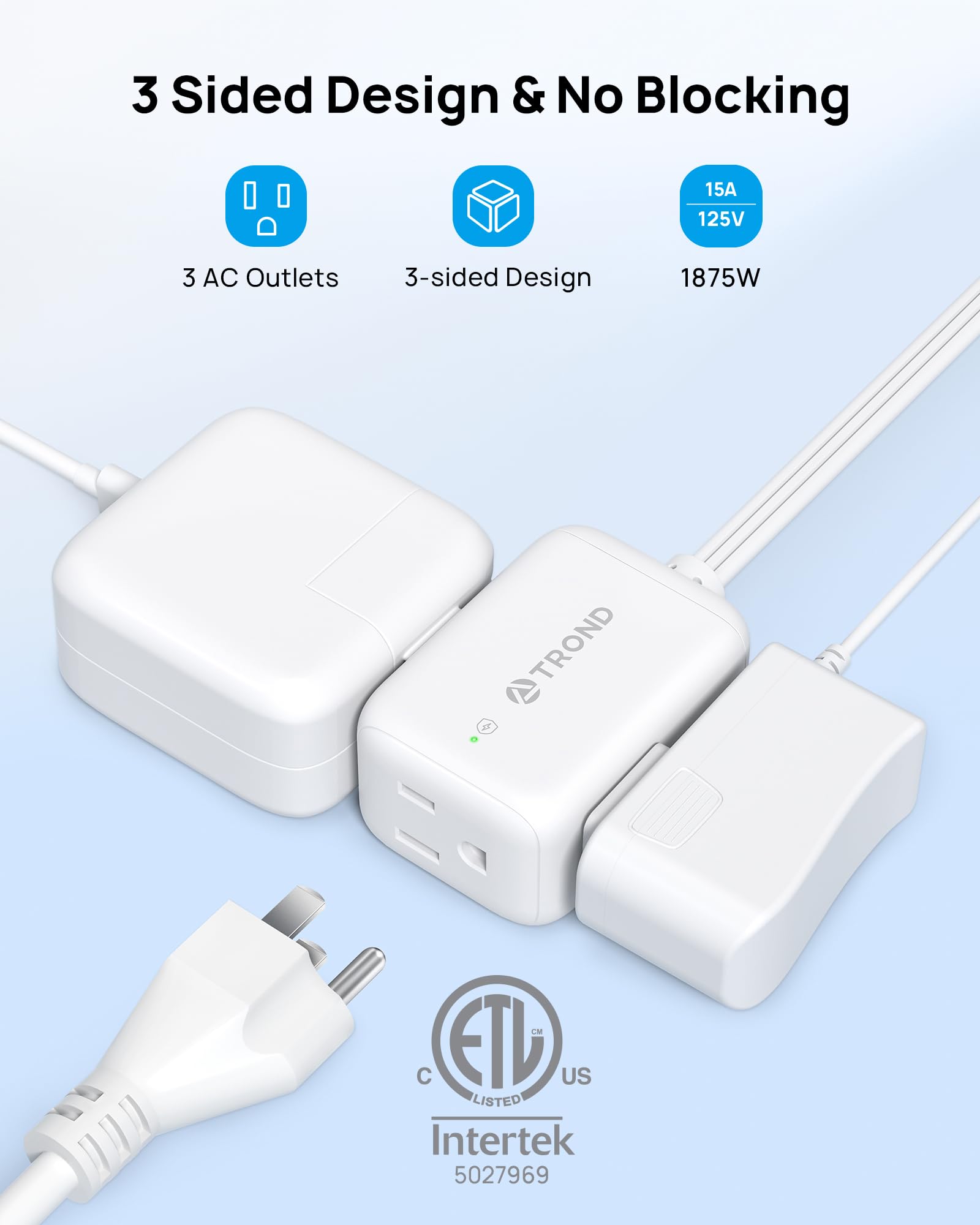 TROND three-outlet extender with outlets on different sides for simultaneous use