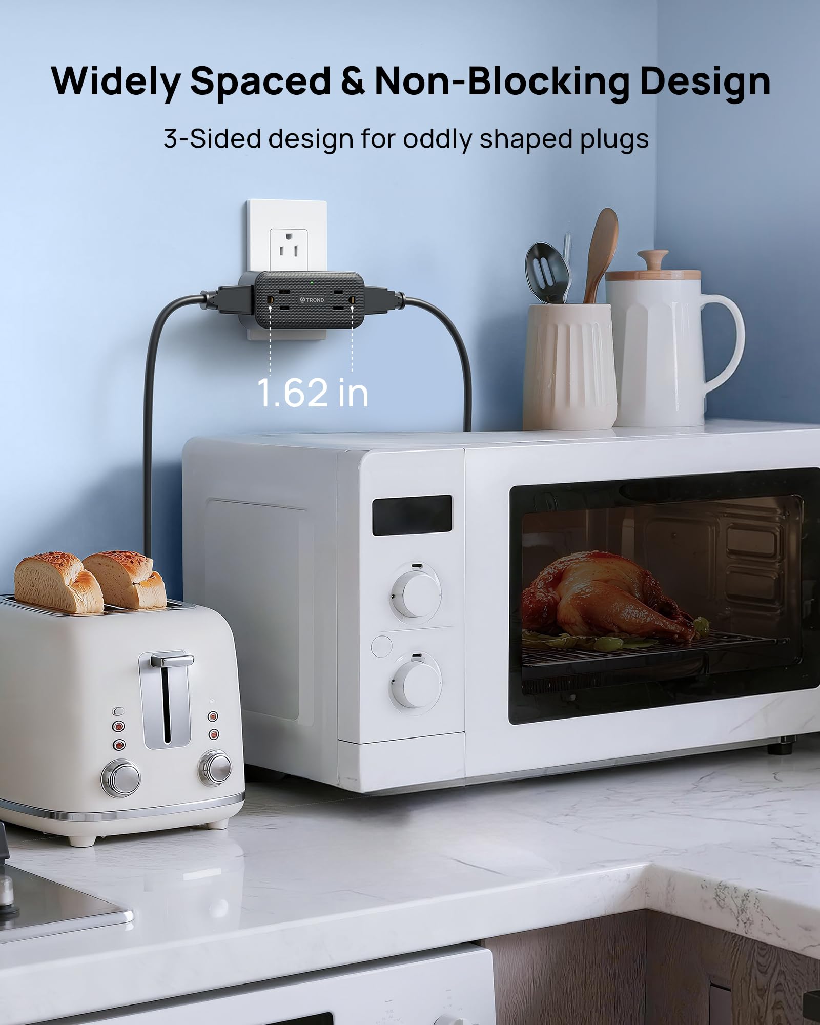 TROND three-sided outlet extender maximizes wall socket efficiency for multiple devices.